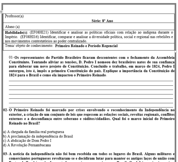 Avaliação Bimestral - Primeiro Reinado e Período Regencial